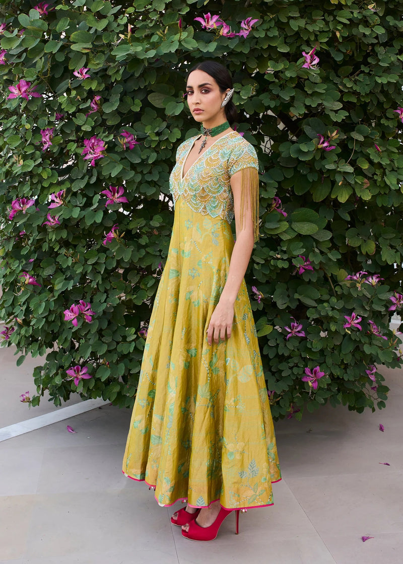 Retro Raani Yellow Sage Tissue Anarkali silk tissue kurta/kurta set by in lime yellow for women Worldwide