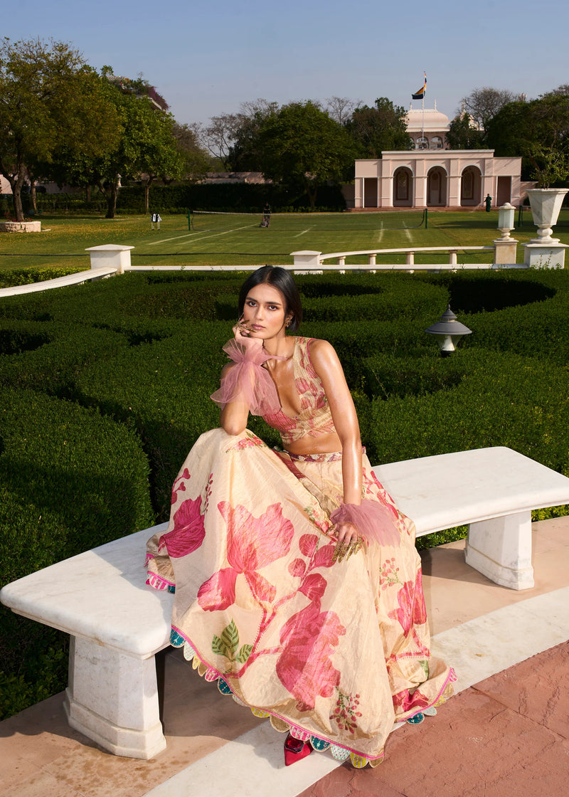 Retro Raani Tissue Waistcoat Lehenga Set silk tissue lehenga sets by Rajiramniq in ivory for women Worldwide