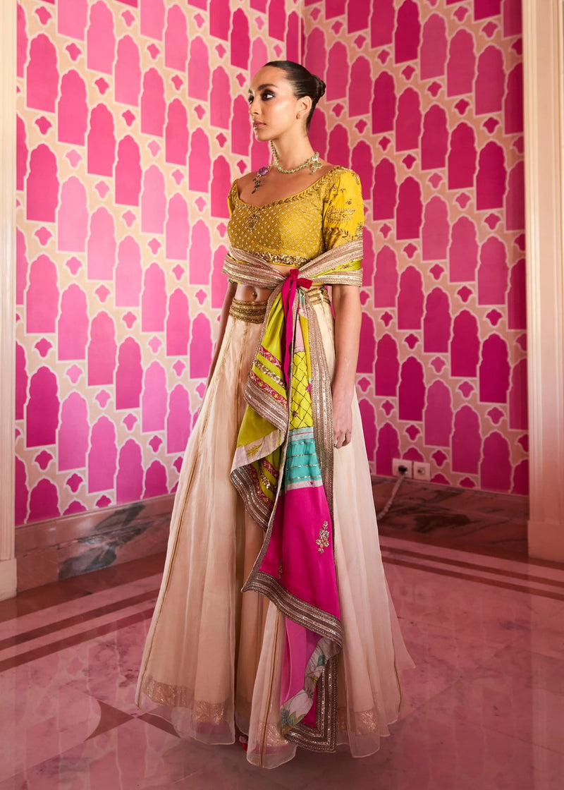 Retro Raani Ivory Organza Lehenga Set silk, silk organza and satin crepe lehenga sets by Rajiramniq in yellow for women Worldwide