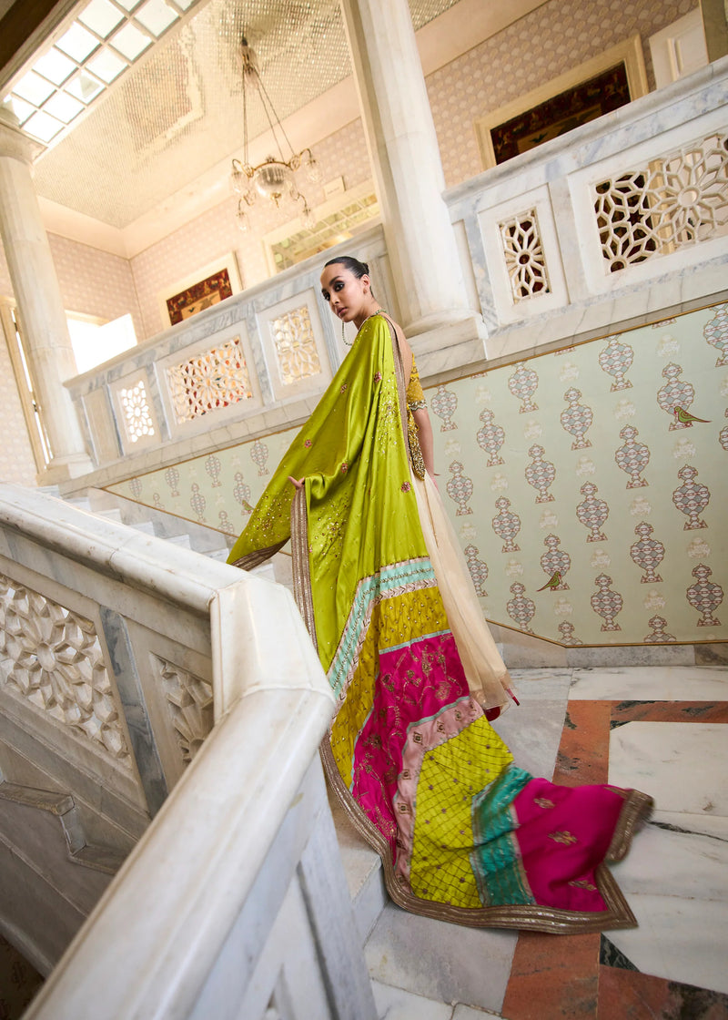 Retro Raani Ivory Organza Lehenga Set silk, silk organza and satin crepe lehenga sets by Rajiramniq in yellow for women Worldwide