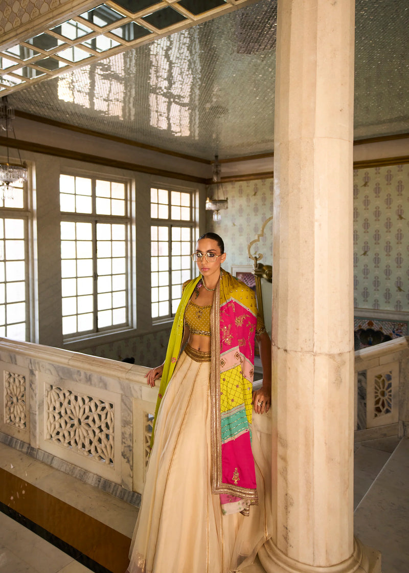 Retro Raani Ivory Organza Lehenga Set silk, silk organza and satin crepe lehenga sets by Rajiramniq in yellow for women Worldwide