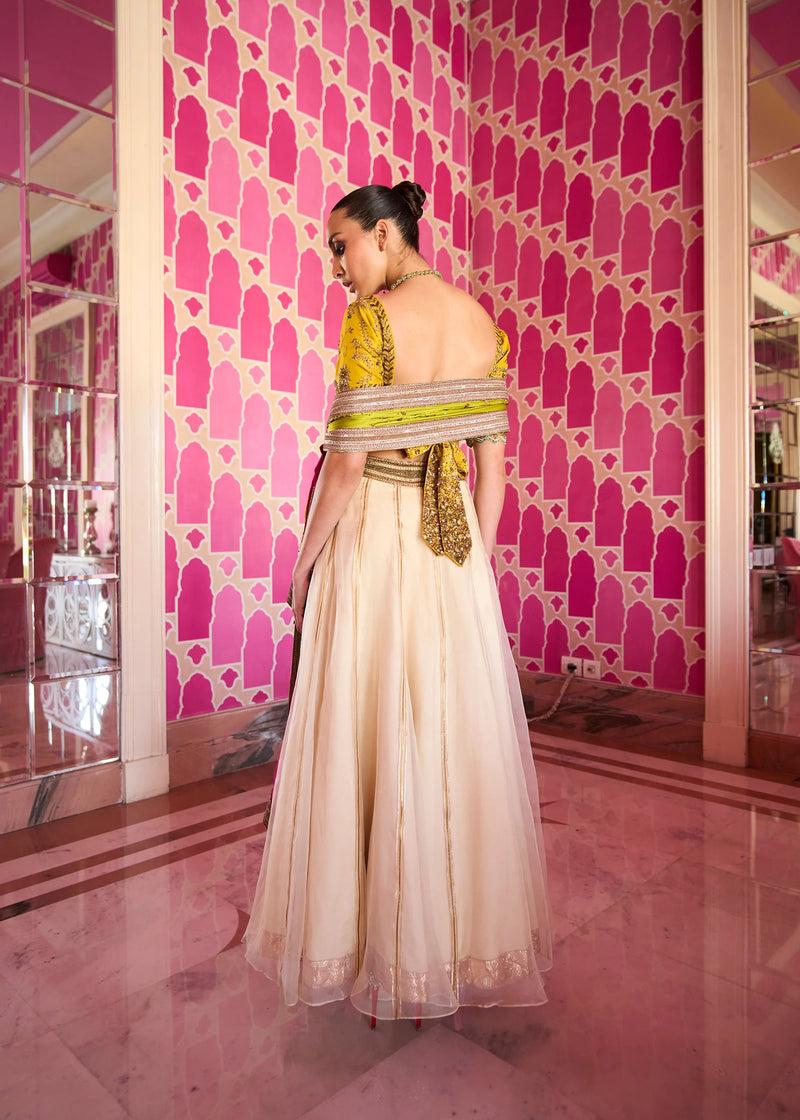 Retro Raani Ivory Organza Lehenga Set silk, silk organza and satin crepe lehenga sets by Rajiramniq in yellow for women Worldwide