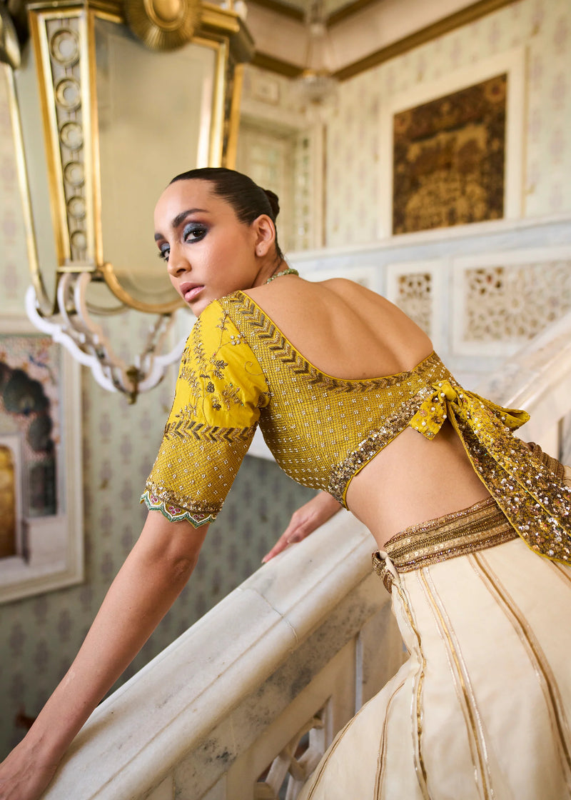 Retro Raani Ivory Organza Lehenga Set silk, silk organza and satin crepe lehenga sets by Rajiramniq in yellow for women Worldwide