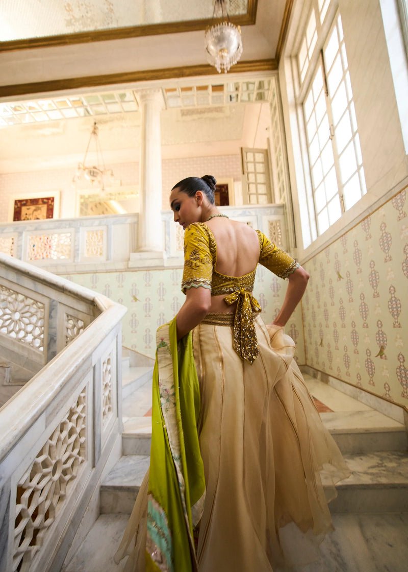 Retro Raani Ivory Organza Lehenga Set silk, silk organza and satin crepe lehenga sets by Rajiramniq in yellow for women Worldwide