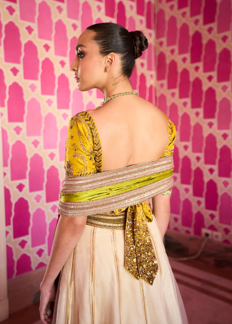 Retro Raani Ivory Organza Lehenga Set silk, silk organza and satin crepe lehenga sets by Rajiramniq in yellow for women Worldwide