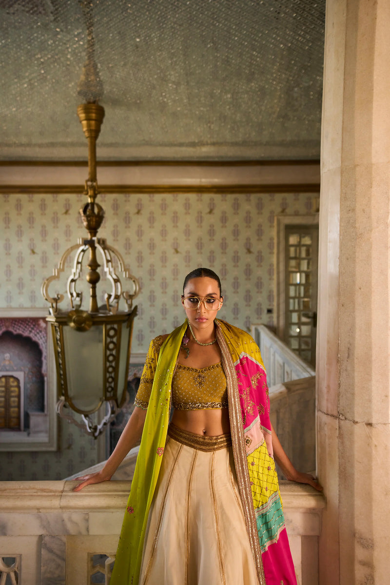 Retro Raani Ivory Organza Lehenga Set silk, silk organza and satin crepe lehenga sets by Rajiramniq in yellow for women Worldwide