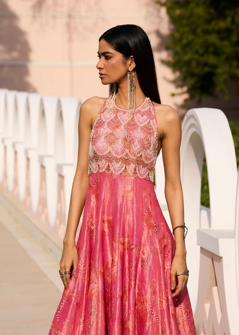 Retro Raani Candy Tissue Anarkali tissue silk kurta/kurta set by Rajiramniq in candy pink for women Worldwide