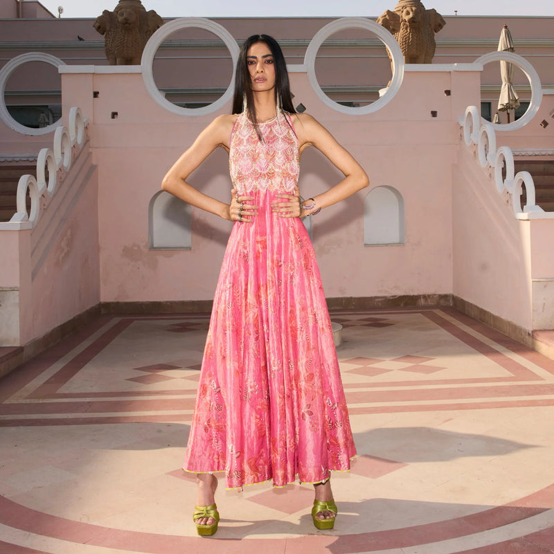 Retro Raani Candy Tissue Anarkali tissue silk kurta/kurta set by Rajiramniq in candy pink for women Worldwide