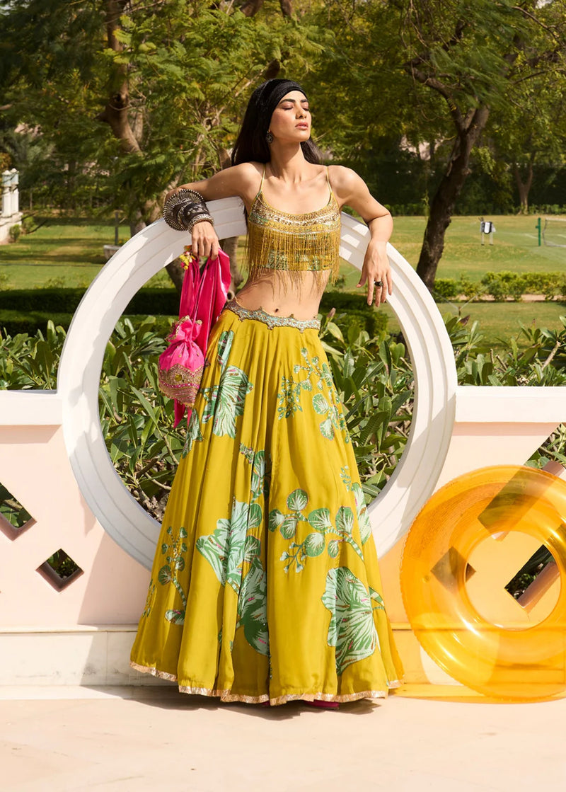 Retro Raani Yellow Sage Lehenga Set crepe, organza lehenga sets by Rajiramniq in lime yellow for women Worldwide