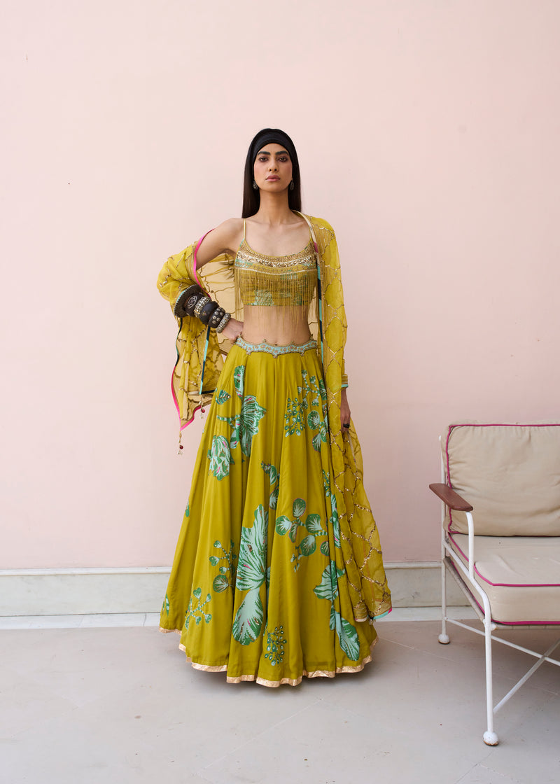 Retro Raani Yellow Sage Lehenga Set crepe, organza lehenga sets by Rajiramniq in lime yellow for women Worldwide