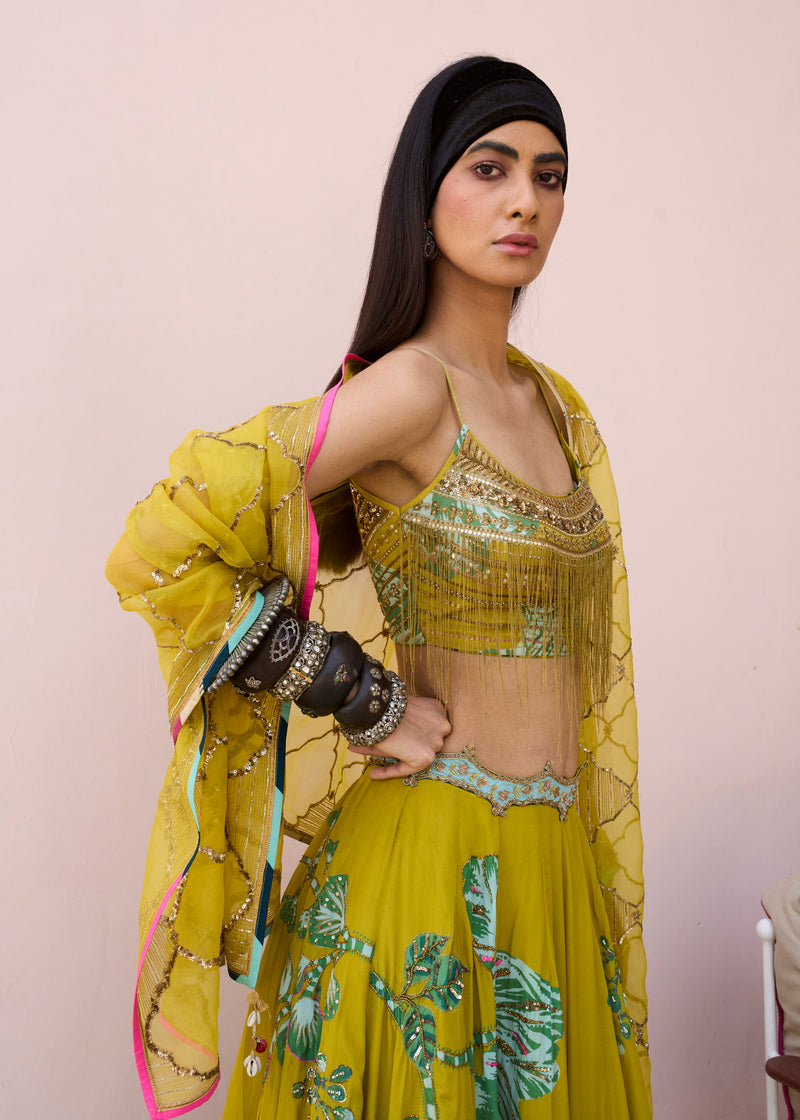 Retro Raani Yellow Sage Lehenga Set crepe, organza lehenga sets by Rajiramniq in lime yellow for women Worldwide