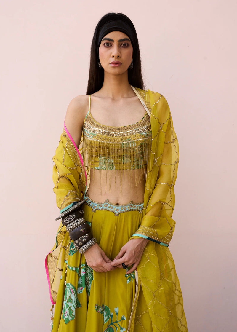 Retro Raani Yellow Sage Lehenga Set crepe, organza lehenga sets by Rajiramniq in lime yellow for women Worldwide