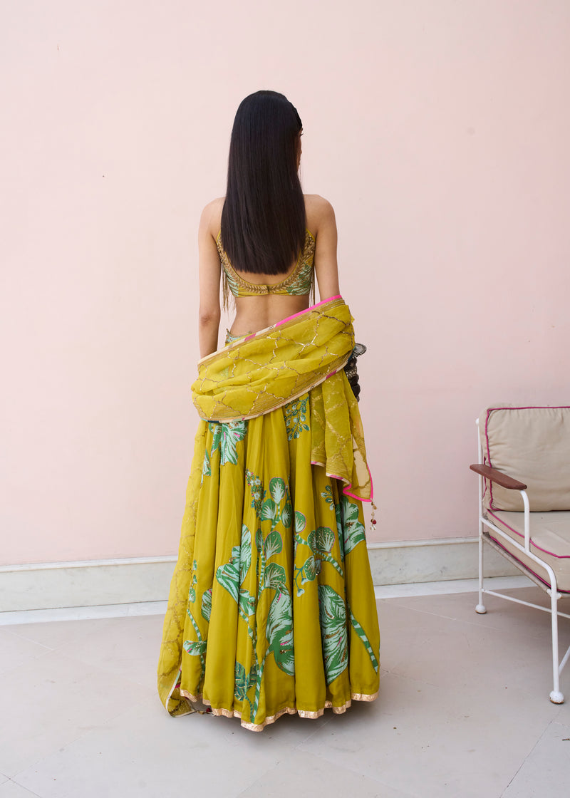 Retro Raani Yellow Sage Lehenga Set crepe, organza lehenga sets by Rajiramniq in lime yellow for women Worldwide