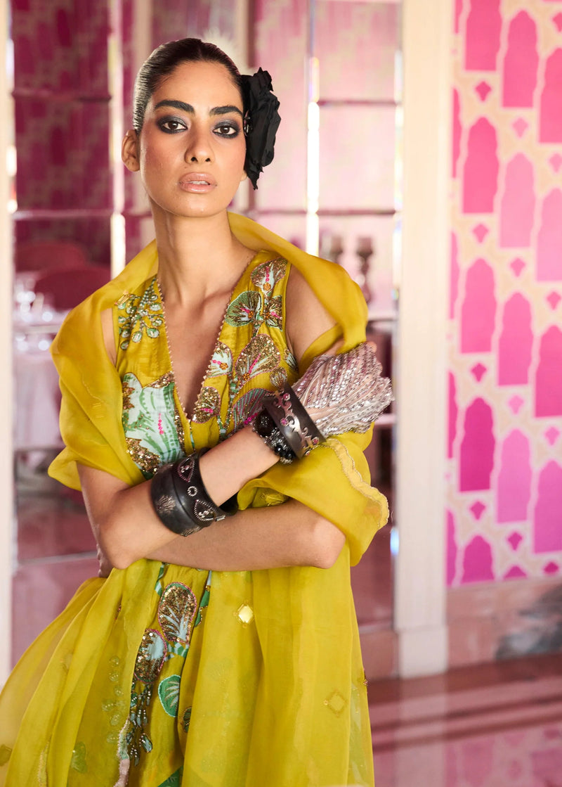 Retro Raani Yellow Sage Peplum Sharara set crepe kurta/kurta set by Rajiramniq in lime yellow for women Worldwide