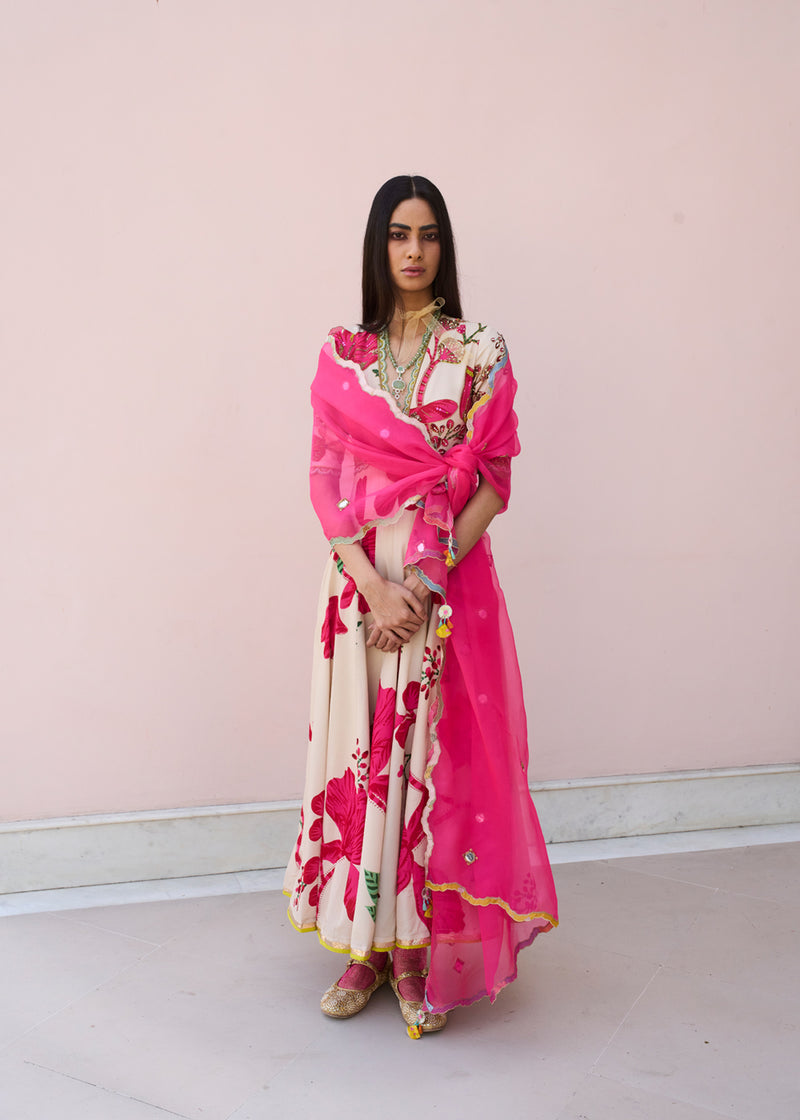 Retro Raani Red and Ivory Anarkali Set crepe, organza, modal satin kurta/kurta set by Rajiramniq in pink for women Worldwide