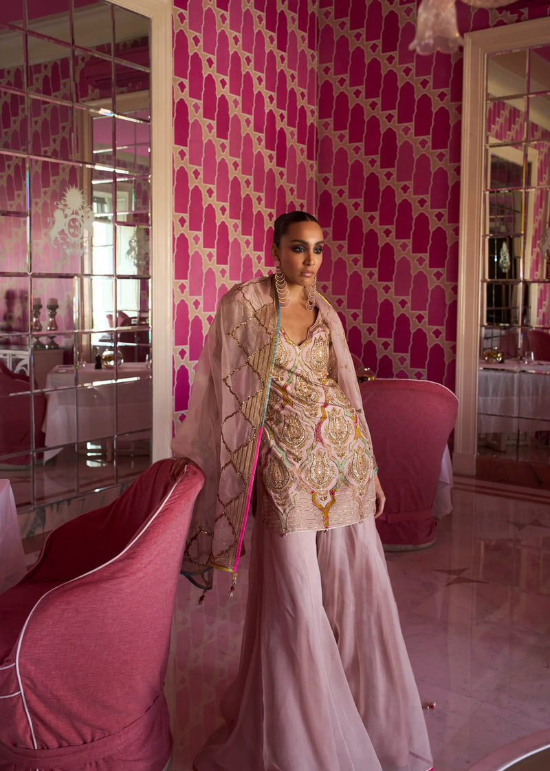 Retro Raani Champagne Pink Sharara Set silk, silk organza kurta/kurta set by Rajiramniq in pink for women Worldwide