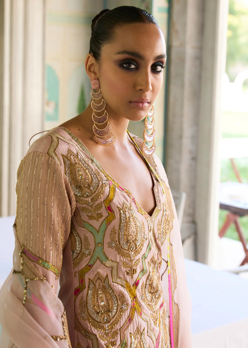 Retro Raani Champagne Pink Sharara Set silk, silk organza kurta/kurta set by Rajiramniq in pink for women Worldwide