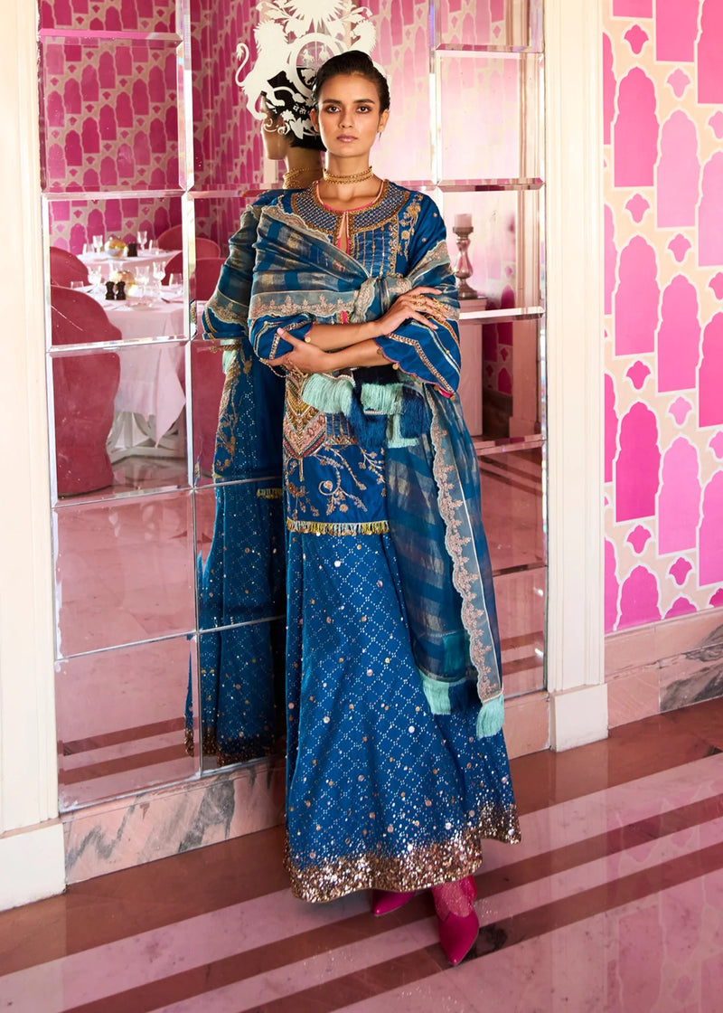 Retro Raani Teal Blue Tree Sharara Set silk, chanderi, silk tissue kurta/kurta set by Rajiramniq in teal blue for women Worldwide