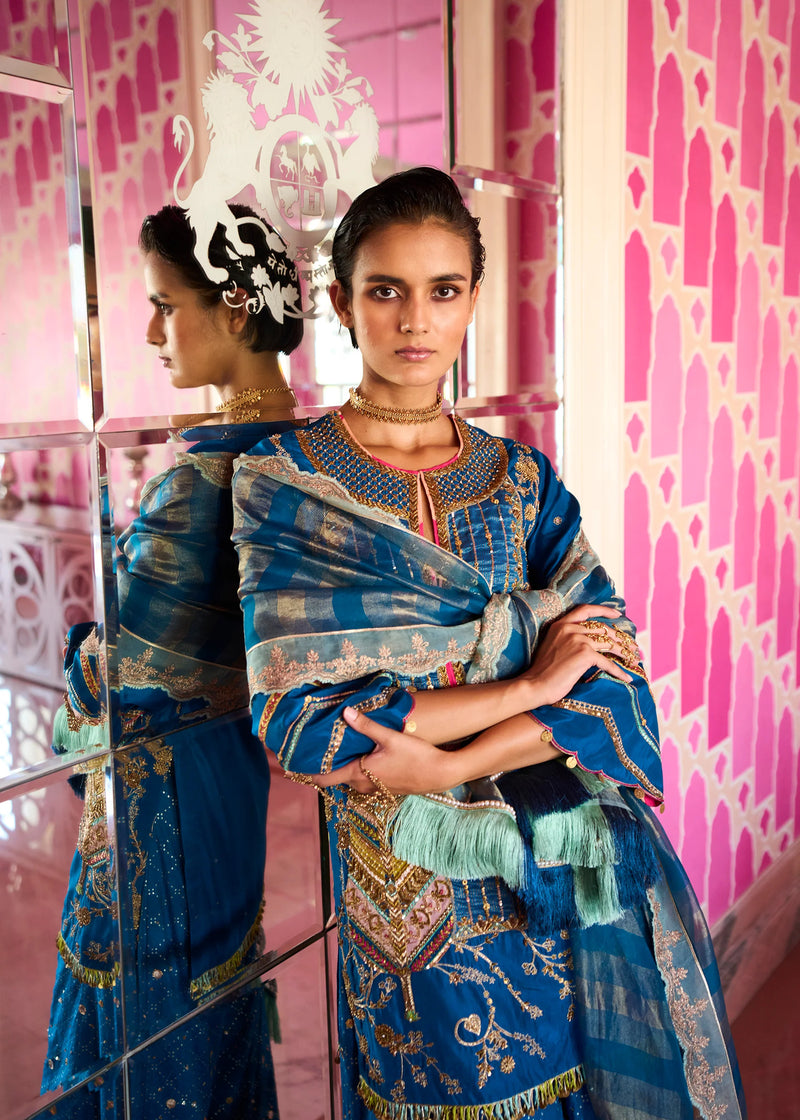Retro Raani Teal Blue Tree Sharara Set silk, chanderi, silk tissue kurta/kurta set by Rajiramniq in teal blue for women Worldwide