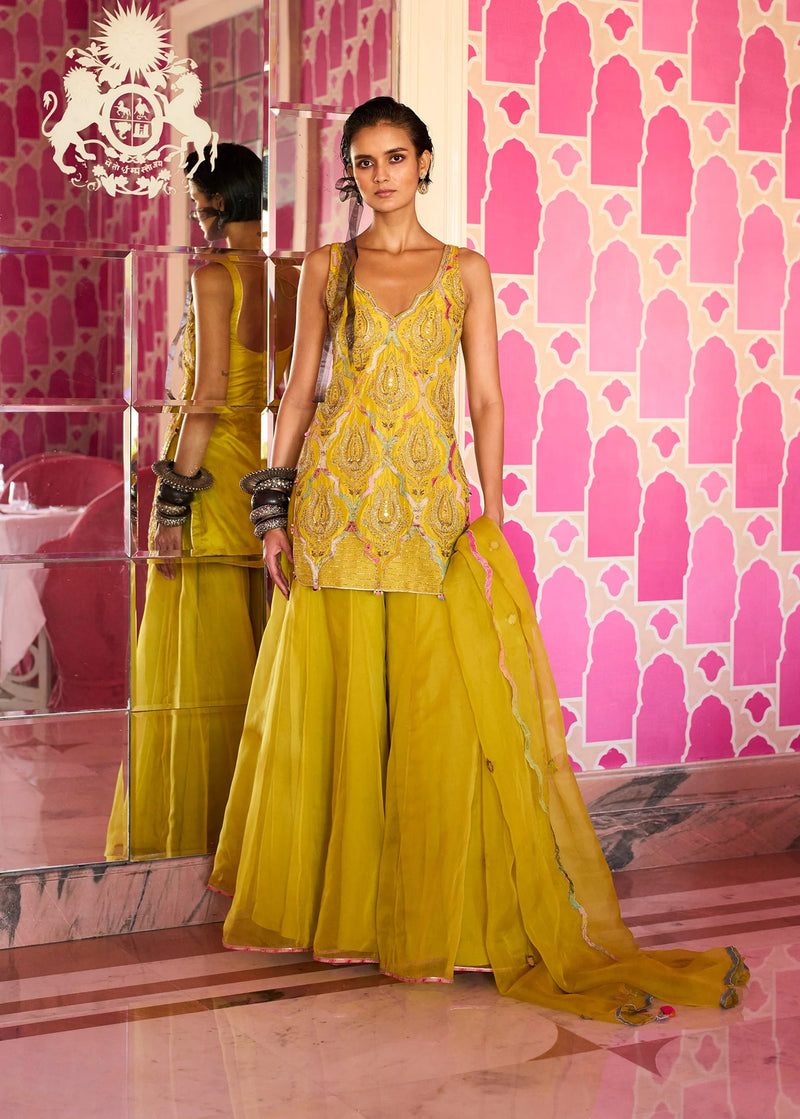 Retro Raani Yellow lotus Sharara Set silk, organza kurta/kurta set by Rajiramniq in lime for women Worldwide