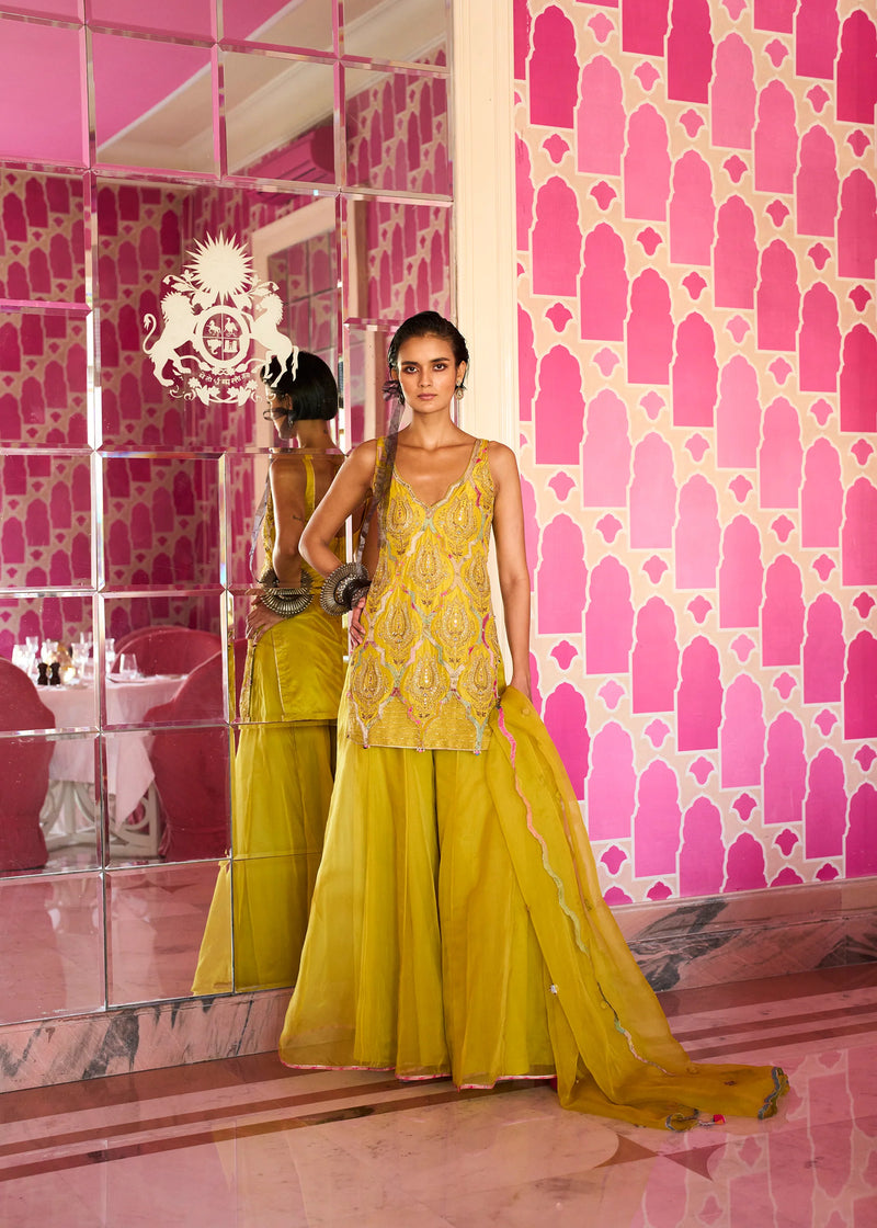 Retro Raani Yellow lotus Sharara Set silk, organza kurta/kurta set by Rajiramniq in lime for women Worldwide