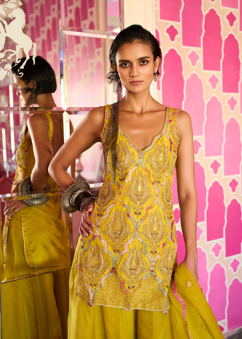Retro Raani Yellow lotus Sharara Set silk, organza kurta/kurta set by Rajiramniq in lime for women Worldwide