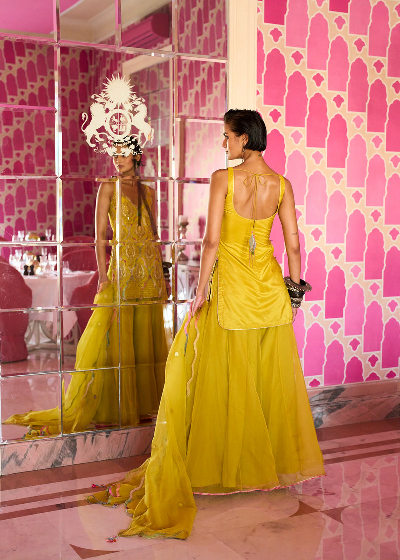 Retro Raani Yellow lotus Sharara Set silk, organza kurta/kurta set by Rajiramniq in lime for women Worldwide