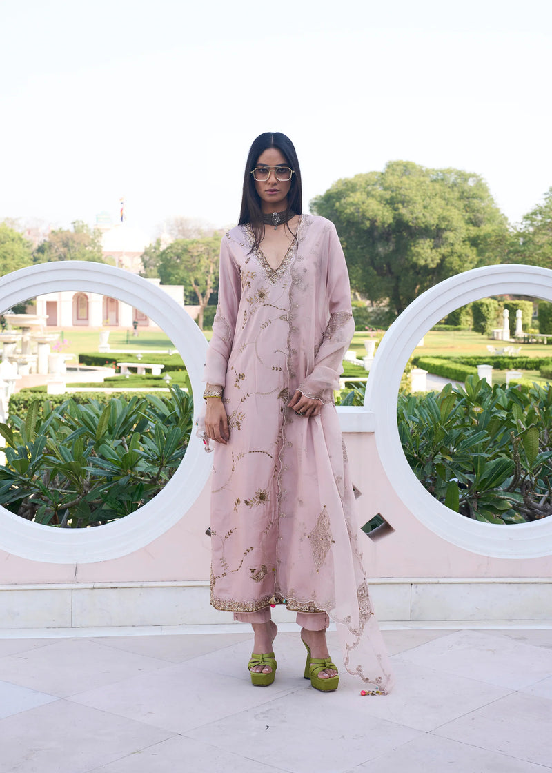Retro Raani Champagne Pink Jaal Kurta Set silk, silk organza kurta/kurta set by Rajiramniq in pink for women Worldwide