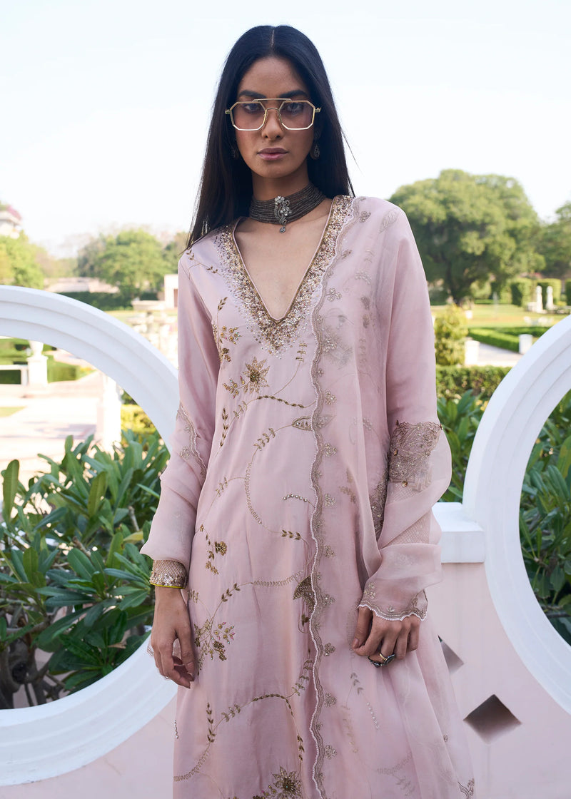 Retro Raani Champagne Pink Jaal Kurta Set silk, silk organza kurta/kurta set by Rajiramniq in pink for women Worldwide