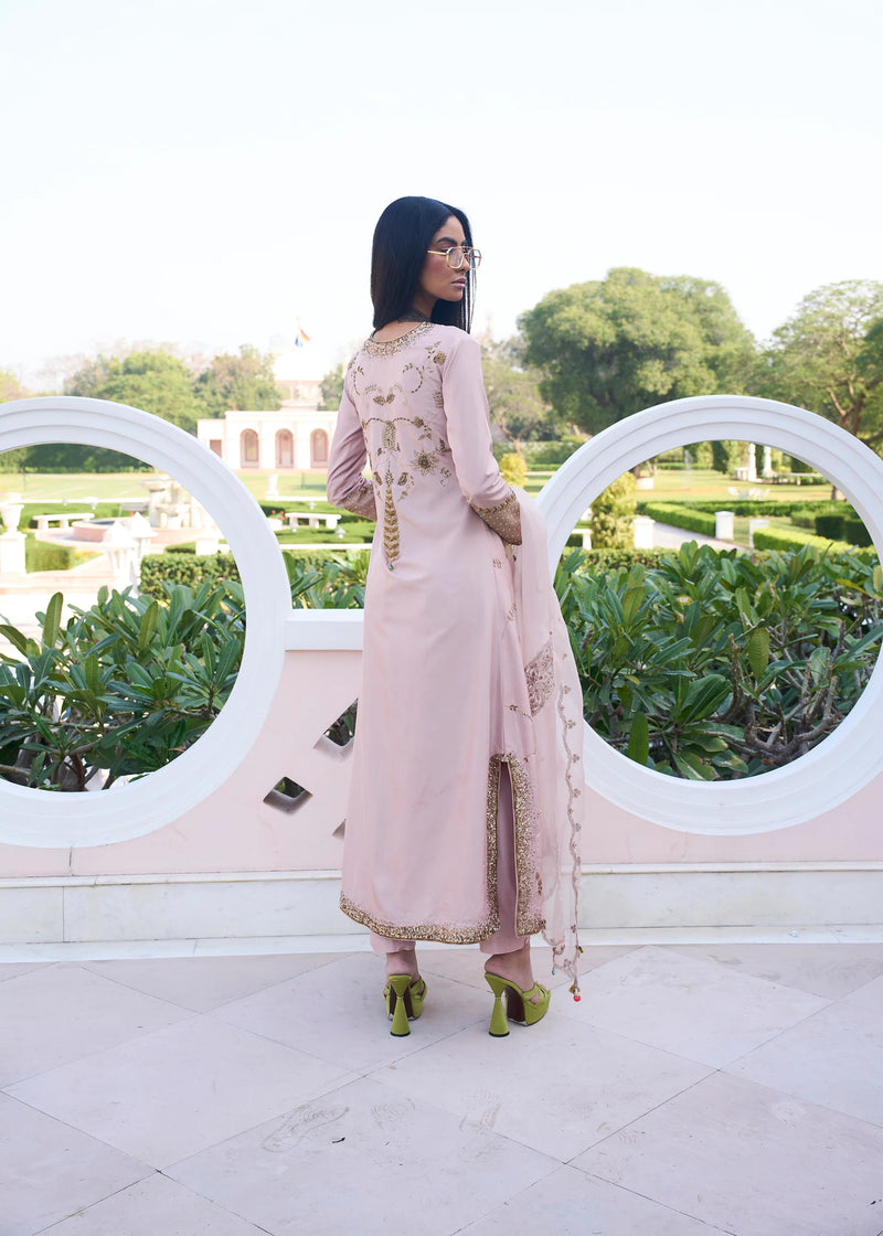 Retro Raani Champagne Pink Jaal Kurta Set silk, silk organza kurta/kurta set by Rajiramniq in pink for women Worldwide