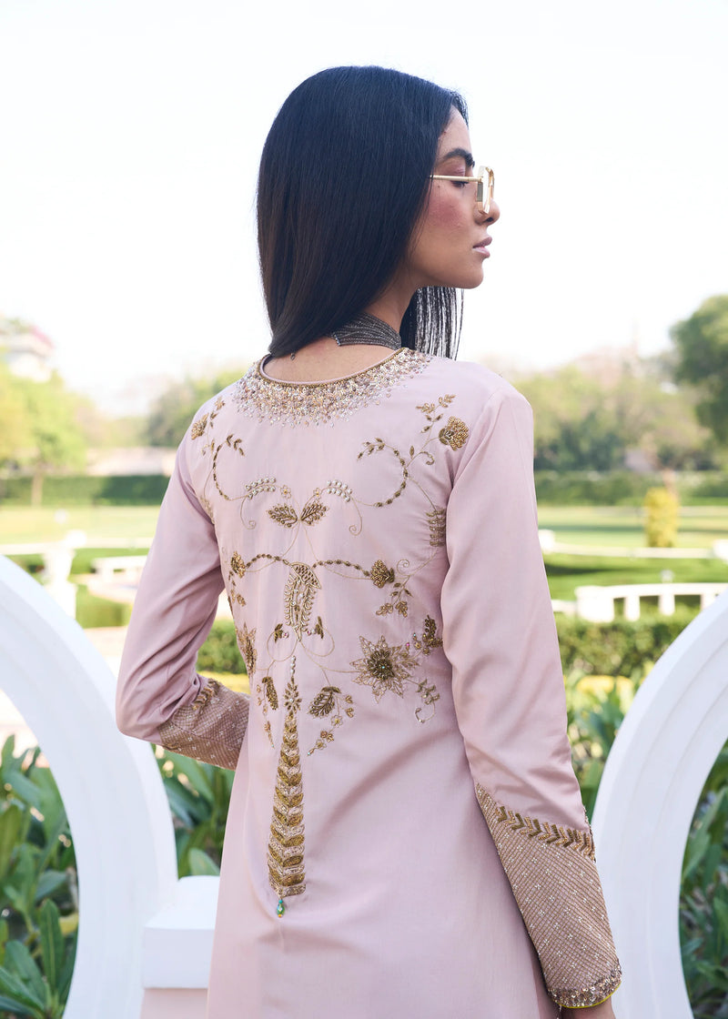 Retro Raani Champagne Pink Jaal Kurta Set silk, silk organza kurta/kurta set by Rajiramniq in pink for women Worldwide