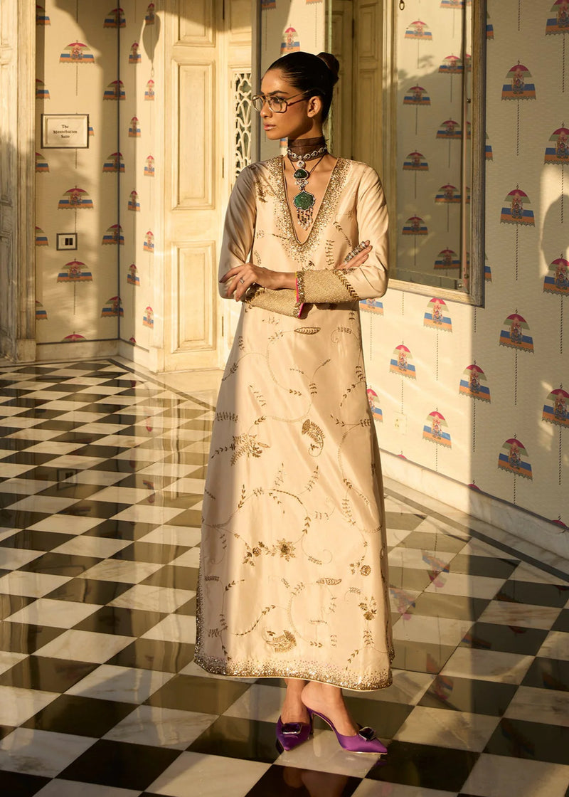 Retro Raani Ivory Jaal kaftan dress silk dress by Rajiramniq in ivory for women Worldwide