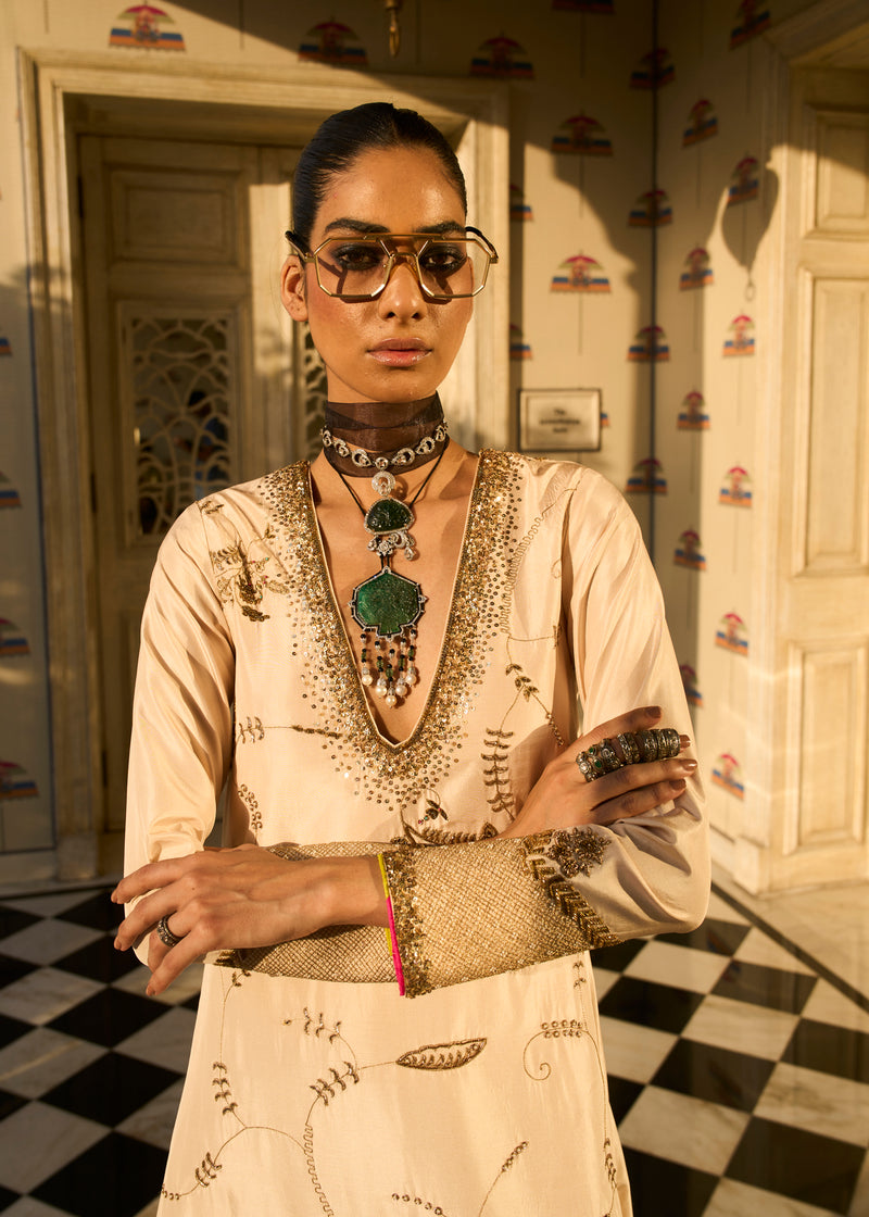 Retro Raani Ivory Jaal kaftan dress silk dress by Rajiramniq in ivory for women Worldwide