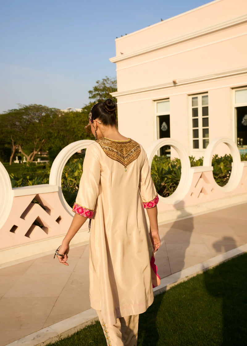 Retro Raani Tissue yoke Kurta set silk kurta/kurta set by Rajiramniq in ivory for women Worldwide