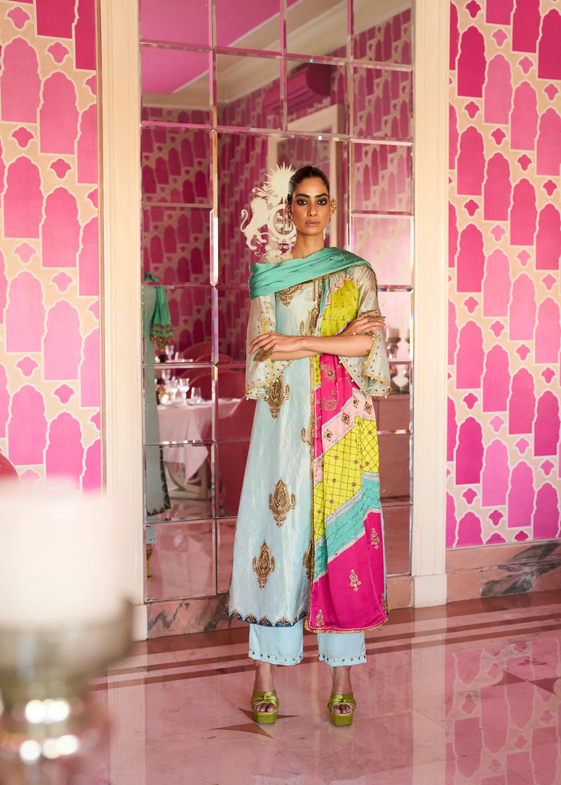 Retro Raani Powder Blue Boota Tissue Kurta Set tissue, modal satin and silk crepe kurta/kurta set by Rajiramniq in blue for women Worldwide
