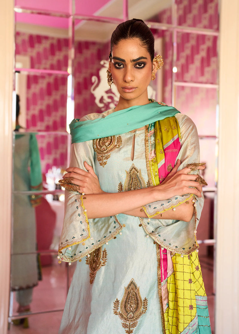 Retro Raani Powder Blue Boota Tissue Kurta Set tissue, modal satin and silk crepe kurta/kurta set by Rajiramniq in blue for women Worldwide
