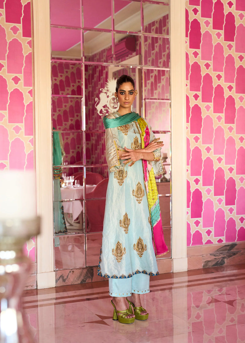 Retro Raani Powder Blue Boota Tissue Kurta Set tissue, modal satin and silk crepe kurta/kurta set by Rajiramniq in blue for women Worldwide