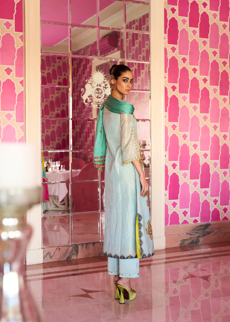 Retro Raani Powder Blue Boota Tissue Kurta Set tissue, modal satin and silk crepe kurta/kurta set by Rajiramniq in blue for women Worldwide