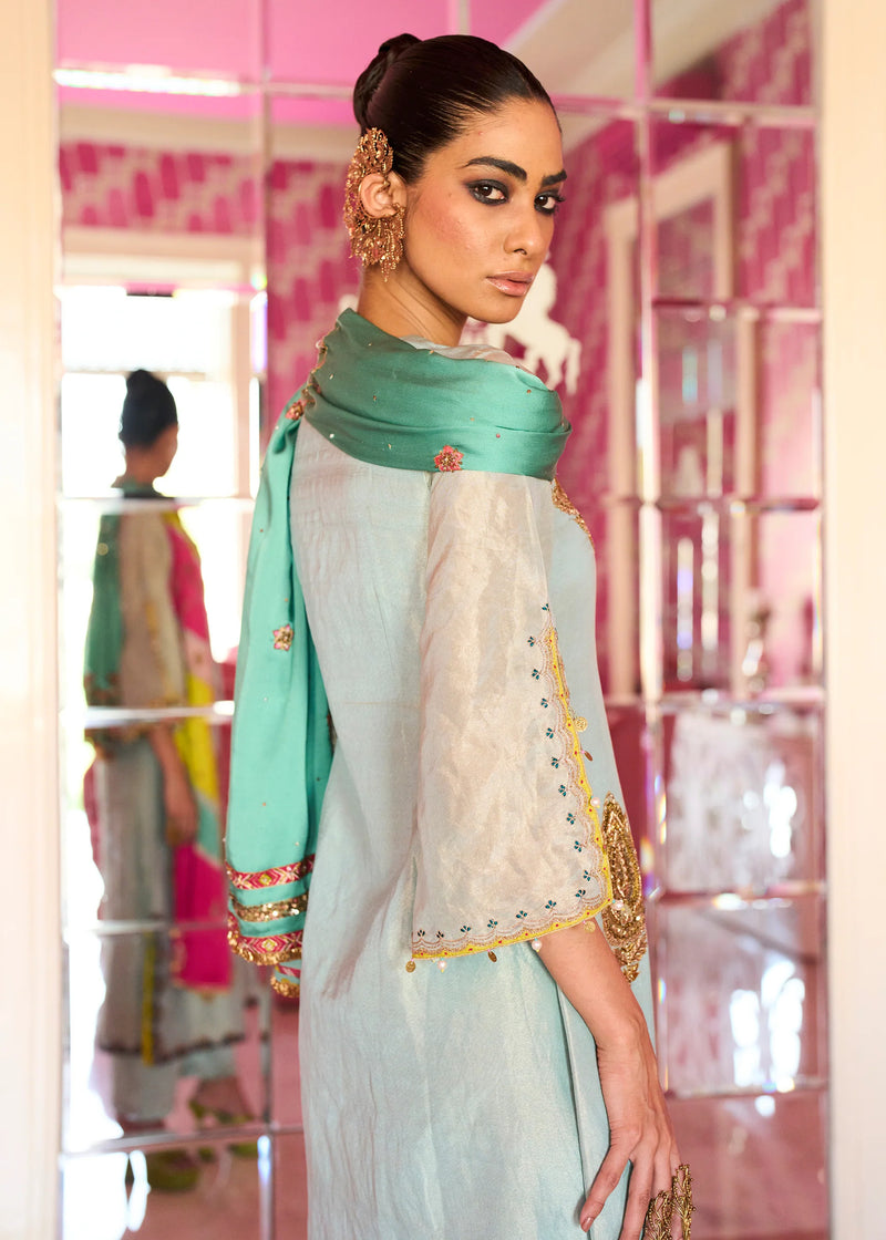 Retro Raani Powder Blue Boota Tissue Kurta Set tissue, modal satin and silk crepe kurta/kurta set by Rajiramniq in blue for women Worldwide