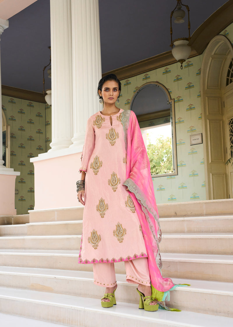 Retro Raani Pastel Pink Boota Tissue Kurta Set tissue, modal satin and silk crepe kurta/kurta set by Rajiramniq in pink for women Worldwide