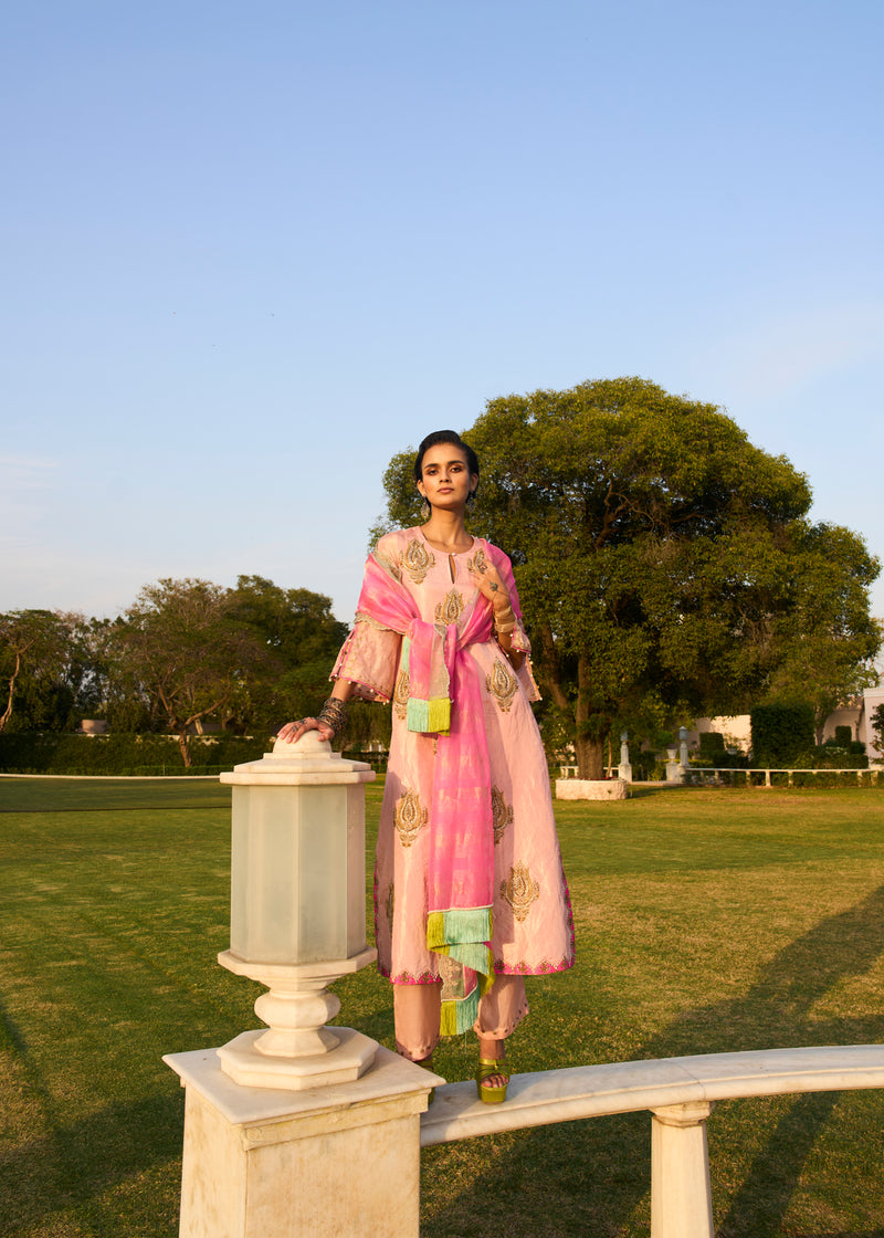 Retro Raani Pastel Pink Boota Tissue Kurta Set tissue, modal satin and silk crepe kurta/kurta set by Rajiramniq in pink for women Worldwide