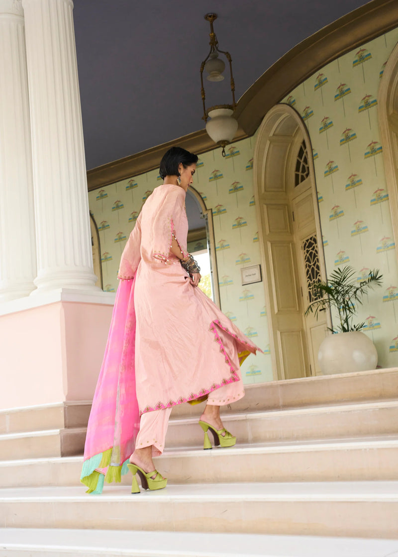 Retro Raani Pastel Pink Boota Tissue Kurta Set tissue, modal satin and silk crepe kurta/kurta set by Rajiramniq in pink for women Worldwide