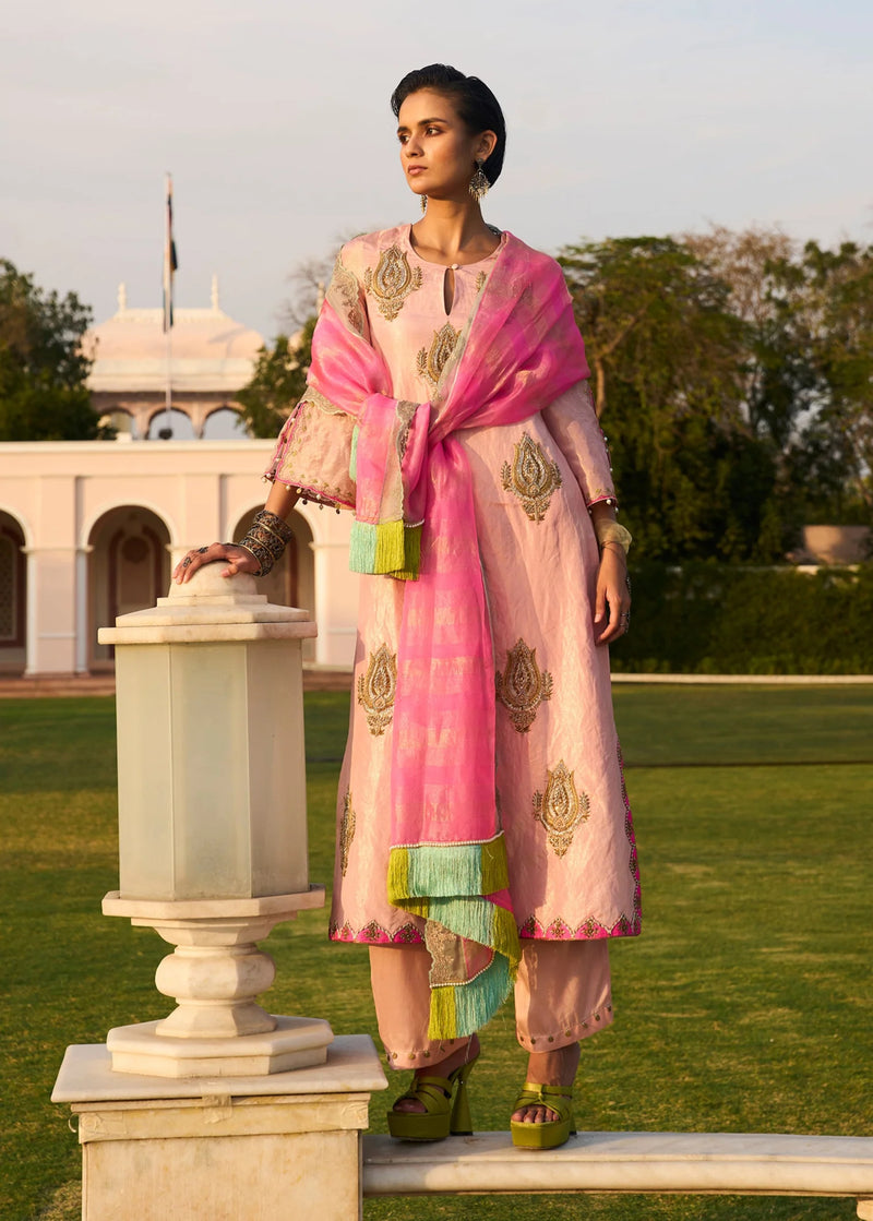 Retro Raani Pastel Pink Boota Tissue Kurta Set tissue, modal satin and silk crepe kurta/kurta set by Rajiramniq in pink for women Worldwide