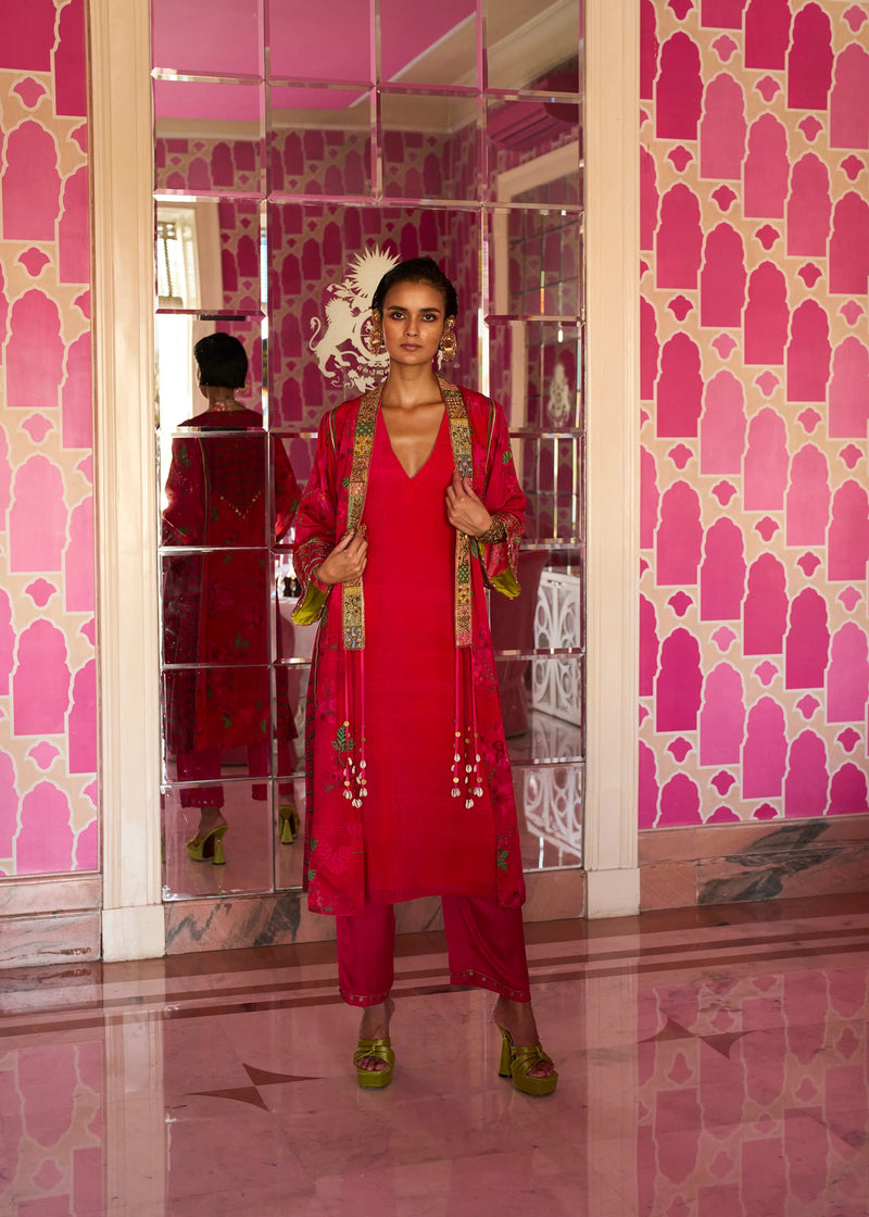 Retro Raani Red Jacket Kurta Set crepe kurta/kurta set by Rajiramniq in red for women Worldwide