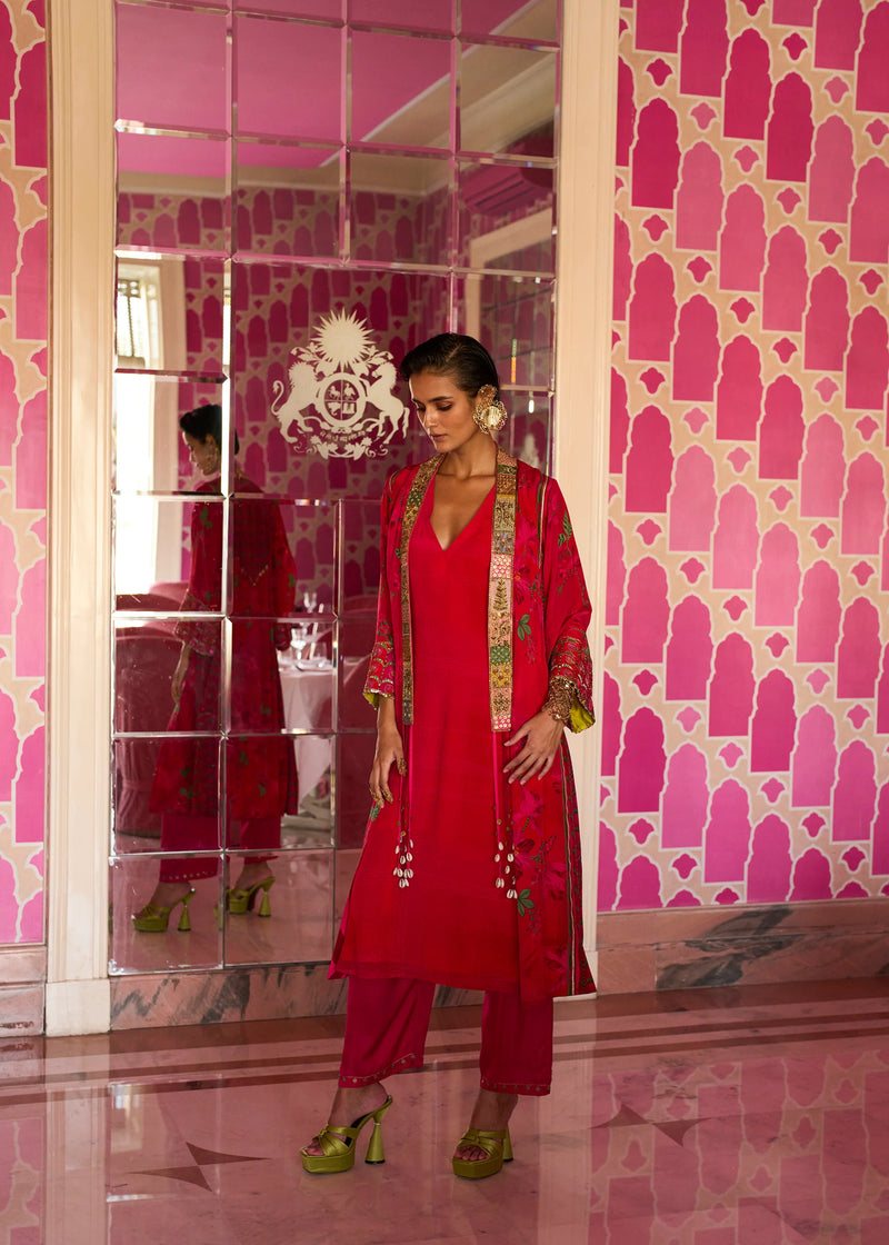 Retro Raani Red Jacket Kurta Set crepe kurta/kurta set by Rajiramniq in red for women Worldwide