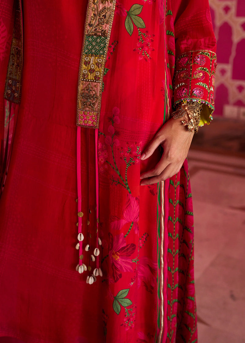 Retro Raani Red Jacket Kurta Set crepe kurta/kurta set by Rajiramniq in red for women Worldwide