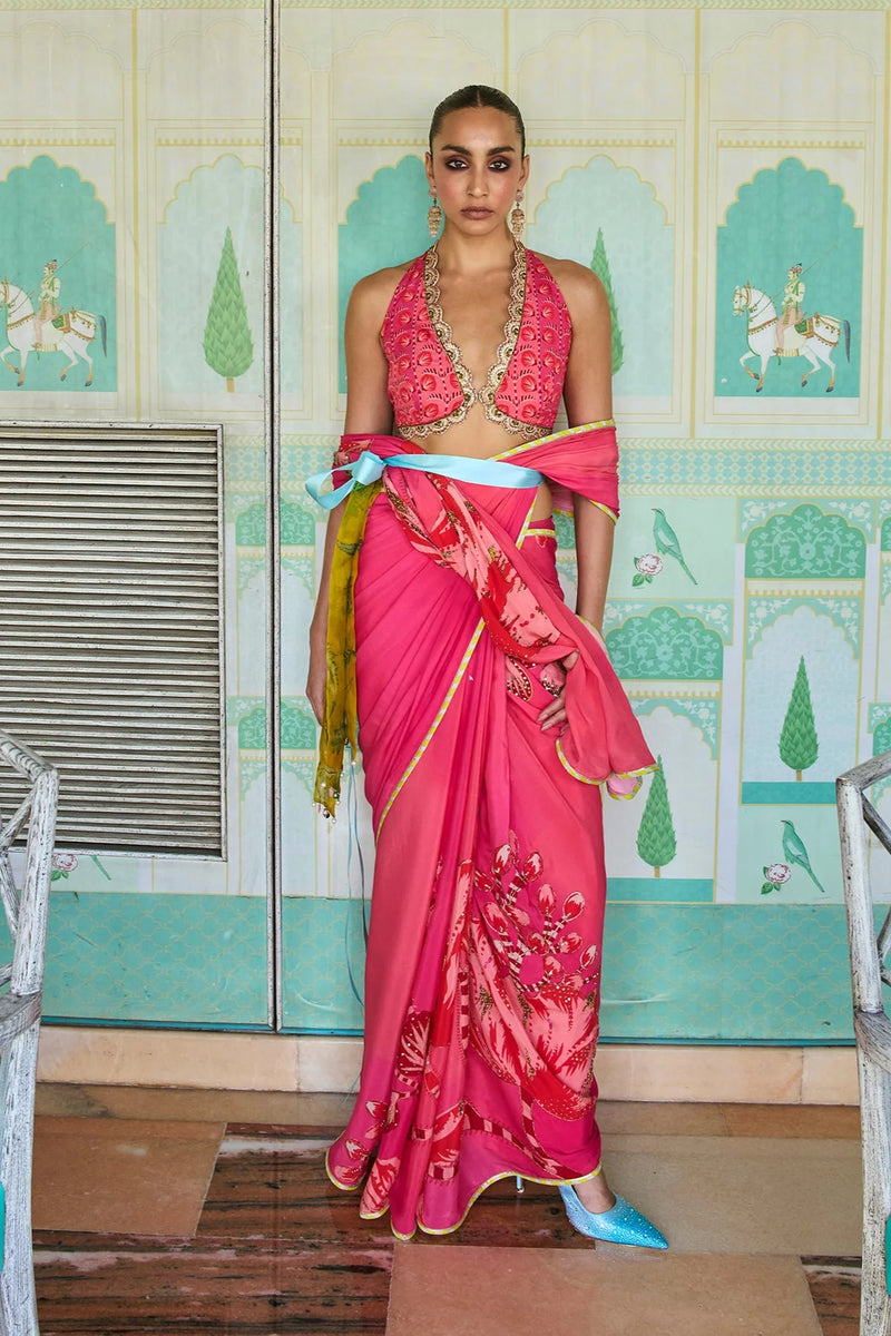 Retro Raani Candy Pink Saree Set crepe saree by Rajiramniq in pink for women Worldwide