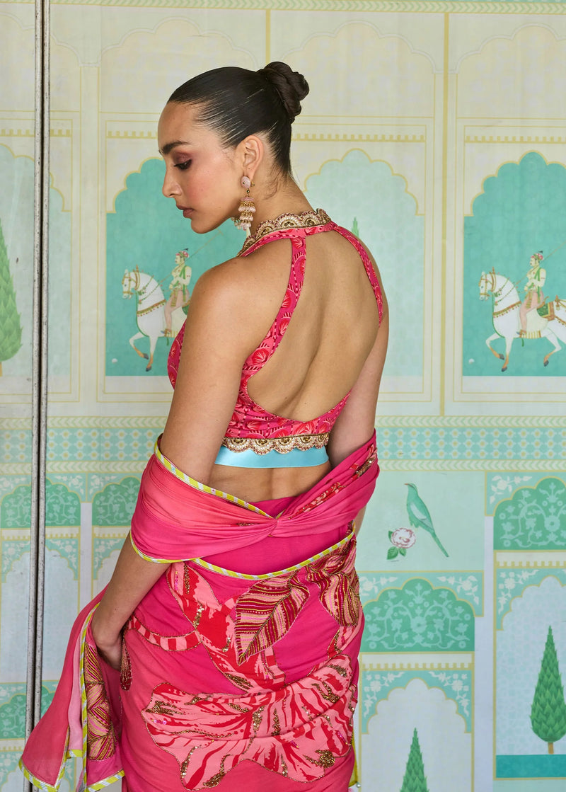 Retro Raani Candy Pink Saree Set crepe saree by Rajiramniq in pink for women Worldwide