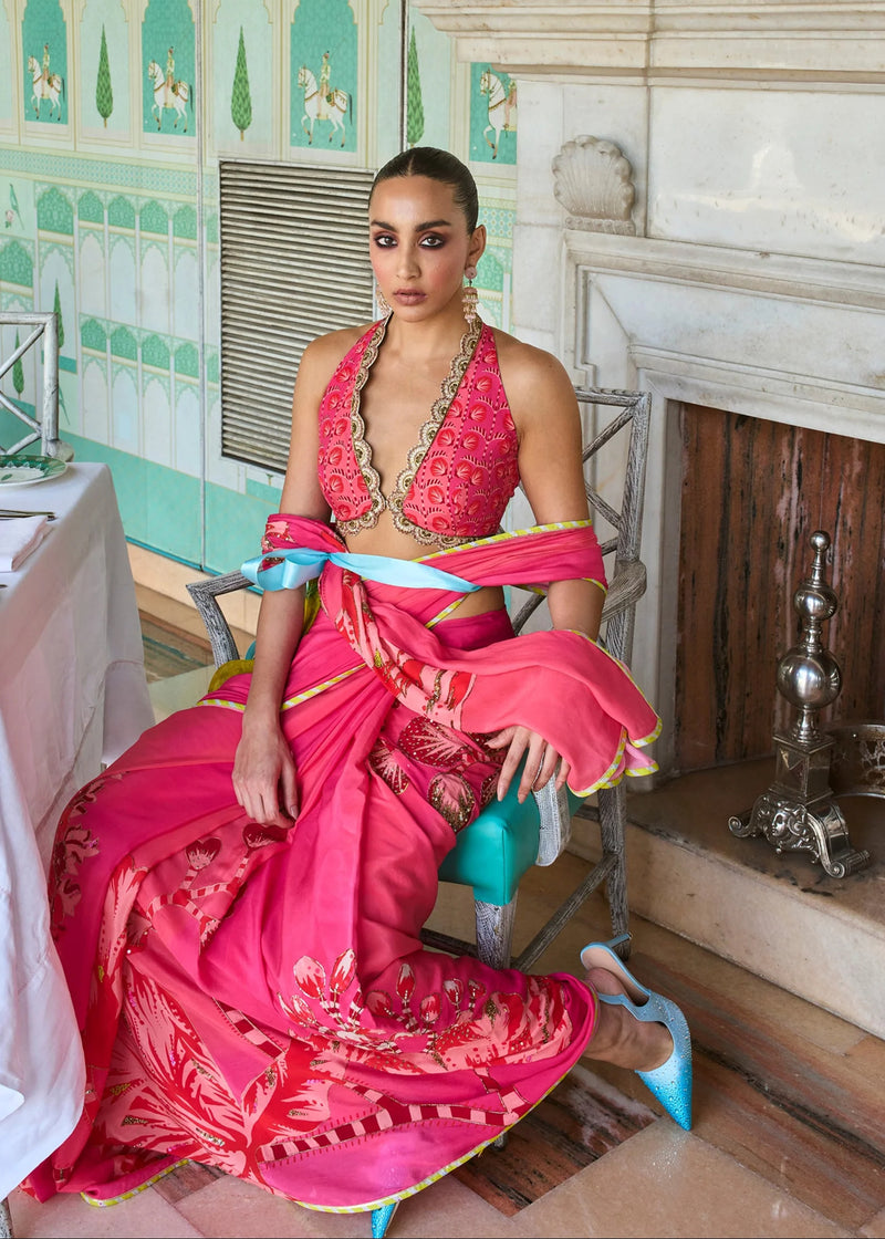 Retro Raani Candy Pink Saree Set crepe saree by Rajiramniq in pink for women Worldwide