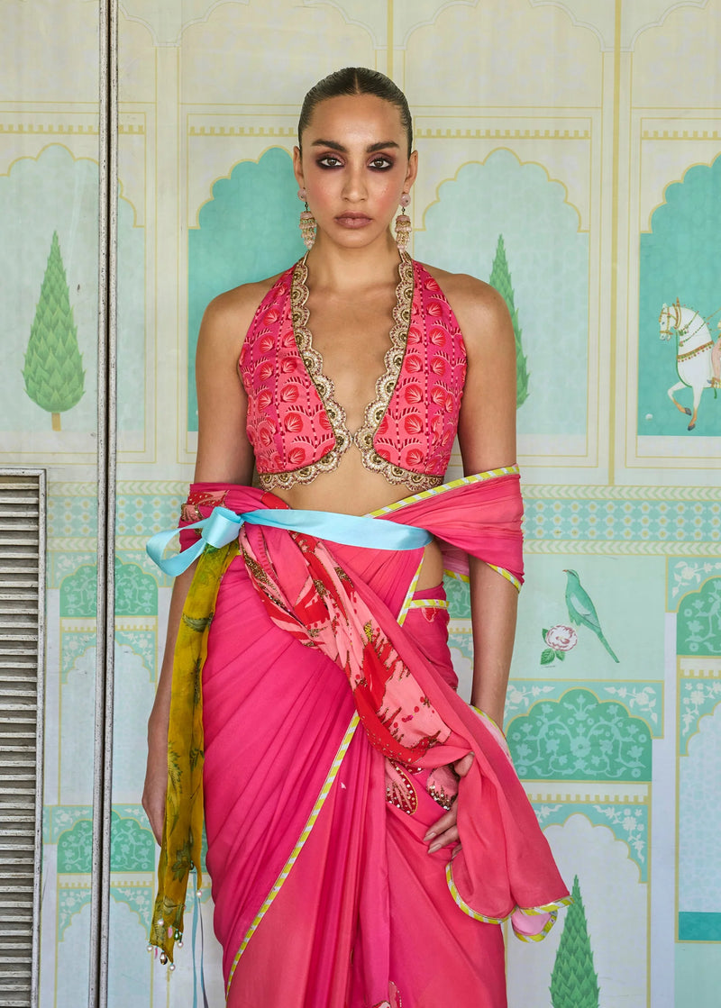 Retro Raani Candy Pink Saree Set crepe saree by Rajiramniq in pink for women Worldwide